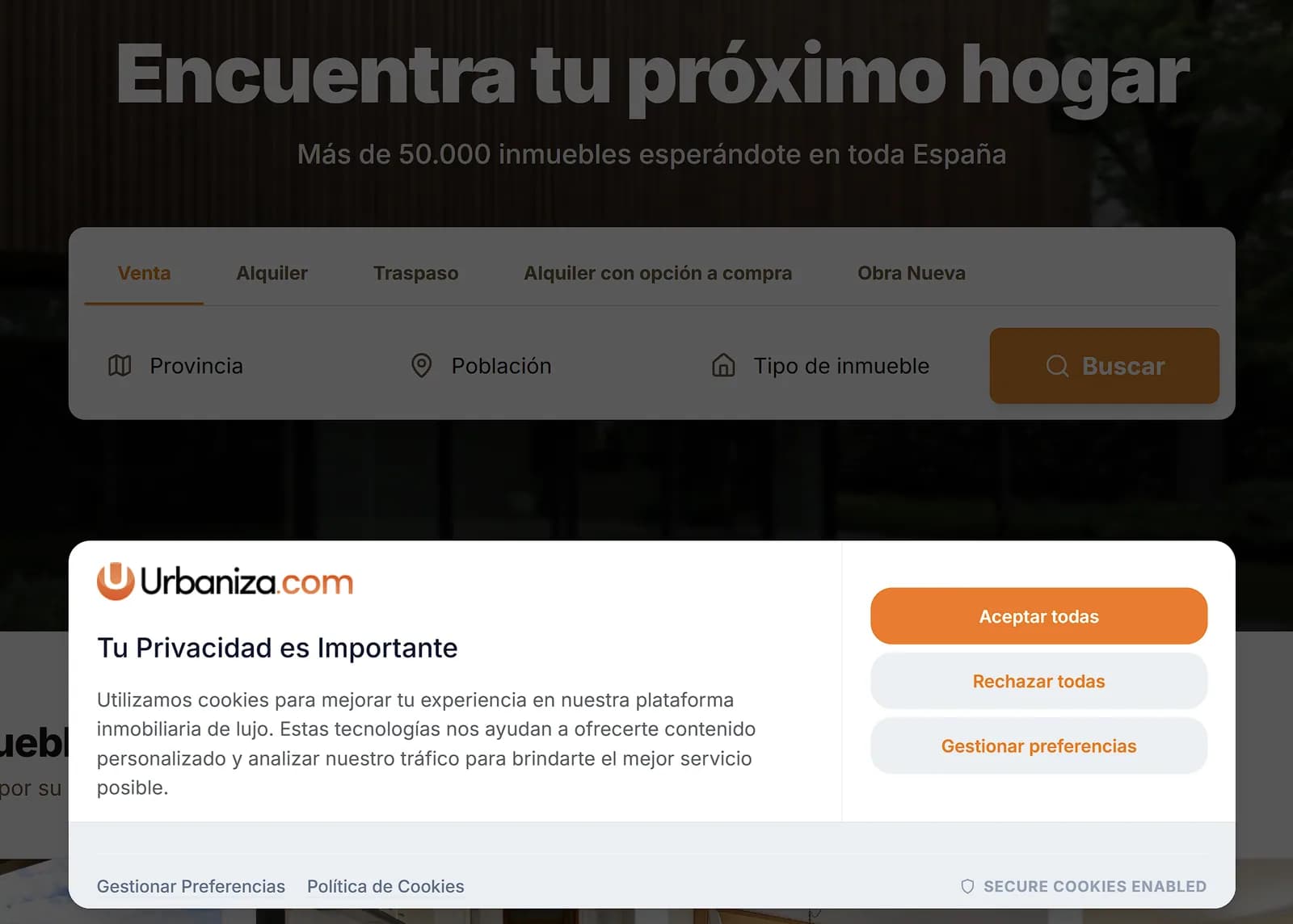 Banner de cookies de Urbaniza sobre una web inmobiliaria